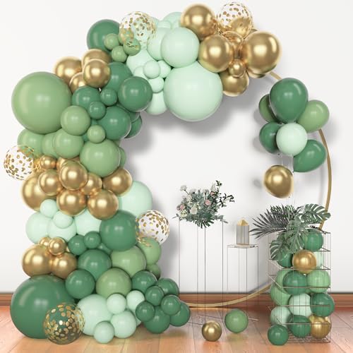 Amandir 148pcs Sage Green Balloon Garland Arch Kit, Different Sizes 18 12 10 5 inch Sage Green Gold Latex Metallic Confetti Gold Balloons St. Patrick's First Communion Safari Baptism Decorations - color: Green