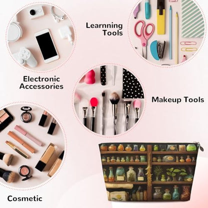 Leather Makeup Bag for Purse, Waterproof Small Toiletry Bag with Zipper, Cute Cosmetic Bags for Women, Potions Herb Shelves Travel Pouch - color: Potions Herb Shelves