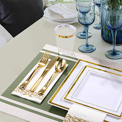 FOCUSLINE 175 Count Gold Dinnerware Set for 25 Guests - Square Plastic Plates with Gold Rim, Includes 25 Disposable Dinner & Dessert Plates, Napkins, Cups, Cutlery Set for Wedding Parties - color: Gold Rim Square Plates