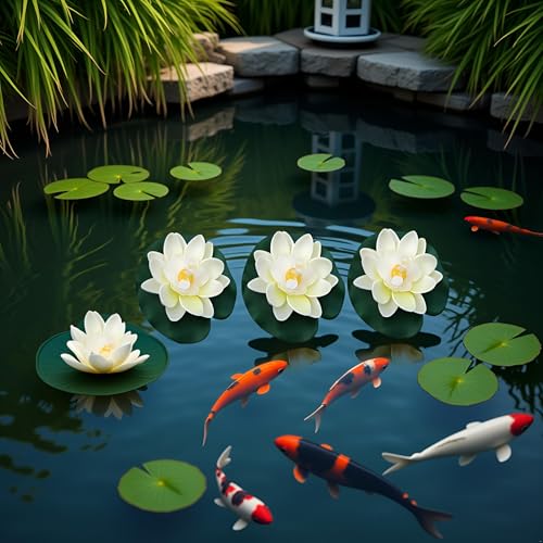 6Pcs White Artificial Floating Foam Lotus Flowers with Water Lily Pad Ornaments, Perfect for Patio Koi Pond Pool Aquarium Home Garden Wedding Party Holiday Decoration Water Gardens and Ponds
