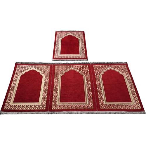 Modefa Turkish Islamic Prayer Rug - Multiperson Prayer with Imam Spot, Janamaz Sajada for Family or & Group Praying Mat - Chenille Embroidered Selcuk Star Islamic Pattern (4 Person) (Red) - color: Red