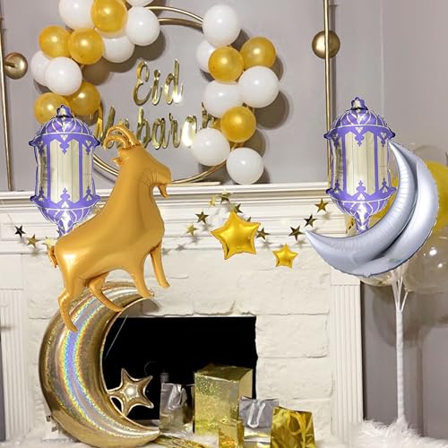 8PCS Eid Mubarak Balloons,Eid Al Adha Decorations,Eid Gifts for Kids,Gold Goat Balloon, Purple Lantern, Silver Moon & Gold Star Foil Balloons for Eid Mubarak Party