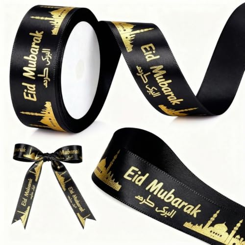20 Yards Eid Al Adha Ribbons, Calligraphy Eid Mubarak Arabic Gold Ribbon for Wrapping Ramadan Kareem Eid al-Adha Ribbons for Islamic Muslim Party Hajj Umrah Decorations Supplies Gifts (Black) - color: Black
