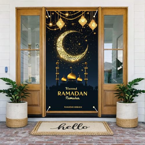Wdesyadms Ramadan Door Cover 71x35 in Crescent Moon Mosque Eid Decor - color: Colorful 1080