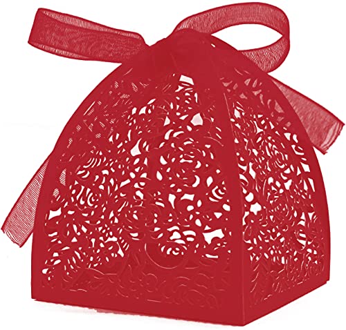Auto-plaza 50 Pieces Beauty Laser Cut Favor Boxes DIY Wedding Birthday Gift Candy Boxes with Ribbons (Red) - color: Red
