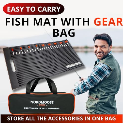 Nordmoose Fish Fillet Mat with Storage Bag and Fish Ruler Decal. Large 28""x14"" Nonslip Fish Cleaning Mat that Grips the Fish - Durable & Easy to Clean, Portable Fish Cutting Board, Black