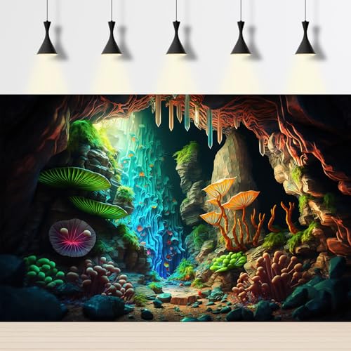 Jungle Cave Aquarium Background Cartoon Cave Landscape Fish Tank Background Abstract Bright Lights Luminous Mushrooms Tropical Plants Reptile Tank Enclosure Terrarium Backgrounds 24x12in - color: Green Purple, size: 24(W)x12(H)in