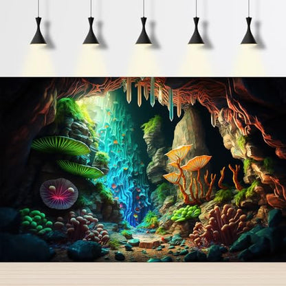 Jungle Cave Aquarium Background Cartoon Cave Landscape Fish Tank Background Abstract Bright Lights Luminous Mushrooms Tropical Plants Reptile Tank Enclosure Terrarium Backgrounds 30x12in - color: Green Purple, size: 30(W)x12(H)in