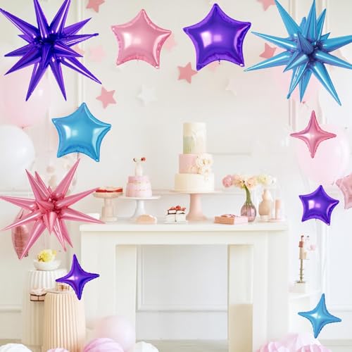 Pink Purple Blue Star Balloons,16Pcs 22/18/10 Inch Foil Mermaid Decor Set - color: Pink Purple Blue