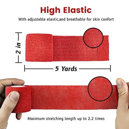 FRESINIDER 9 Rolls Self Adhesive Wrap Athletic Tape Gauze, Breathable Elastic Cohesive Bandage for Sports Injury & Pet (7 Pcs 2" x 5 Yards + 2 Pcs 1" X 5 Yards) (Red) - color: Red