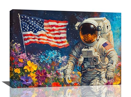 Astronaut Wall Art Outer Space Flowers Pictures Wall Decor American Flag Canvas Prints Painting Framed Modern Artwork Home Decoration for Living Room Bathroom Bedroom Office 16"X24" - color: Astronaut, size: 16"L x 24"W