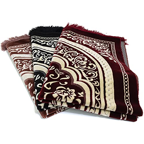 Modefa Turkish Islamic Velvet Prayer Rug - Thick Wide Soft Prayer Carpet - Men & Women - Large Prayer Mat - Eid & Ramadan Gift - with Kufi Cap Beads & Car Hanger - Double Plush Floral Black - color: Floral Arch - Black
