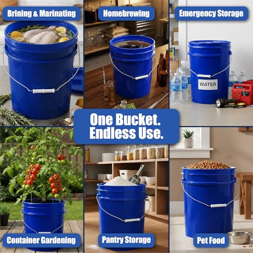 5 Gallon Bucket - Food Grade w/Lid BPA-Free, Blue/White, 6 | Airtight Gamma Seal Screw-On Lid, Heavy-Duty 90 Mil HDPE Plastic, Food Safe and Durable Container, Bulk Storage, Made in USA - color: Blue/White, size: 6 Packs
