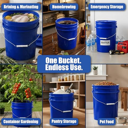 5 Gallon Bucket - Food Grade w/Lid BPA-Free, Blue/White, 6 | Airtight Gamma Seal Screw-On Lid, Heavy-Duty 90 Mil HDPE Plastic, Food Safe and Durable Container, Bulk Storage, Made in USA - color: Blue/White, size: 6 Packs