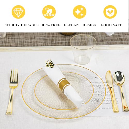 HOMIP 350 PCS Plastic Dinnerware Set (50 Guests), Clear Party Plates Include 50 Dinner Plate, 50 Dessert Plate, 50 Cups, 50 Gold Cutlery Set And Pefect for Party and Wedding - size: 350PCS
