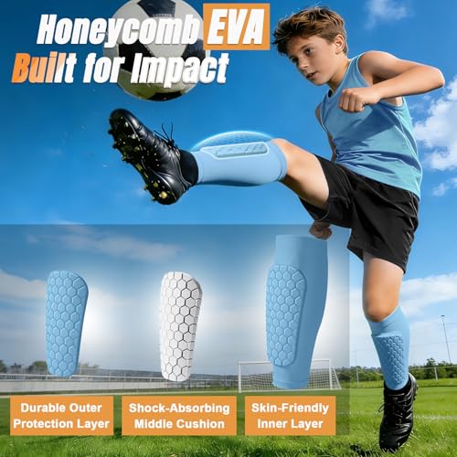XZQTIVE Soccer Shin Guards Shin Defender for Kids Youth Adult, Ski Shin Guard Calf Compression Sleeve with Honeycomb Shin Pads - color: baby blue, size: Small