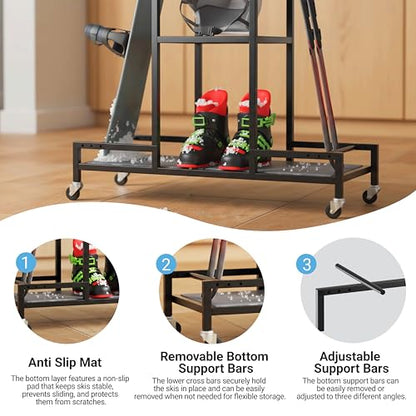 Standing Ski Storage Rack | Holds Snowboards & Skis, 3-Tier Organizer for Gear, Black - Ski Rack for Garage with Anti-Slipmat - style: with Anti-Slipmat