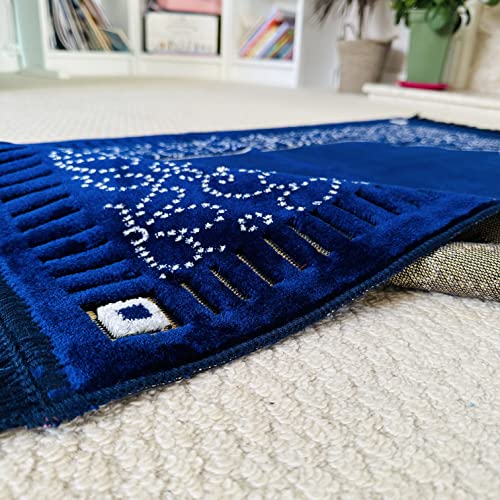Mihrab Patterned Original Luxury Velvet Prayer Mat/Rug- 750g Weight | Made in Turkey (Navy Blue) - color: Navy Blue
