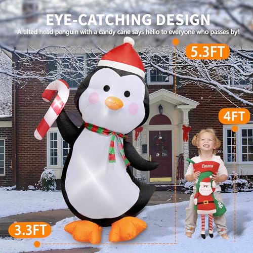5FT Christmas Inflatables Outdoor Decorations Penguin Holding Candy Cane Blow Up Cute Christmas Decor Built-in LED Lights for Xmas Yard Outside Indoor Party Lawn Garden Porch Holiday - style: 5FT Penguin with Candy Cane