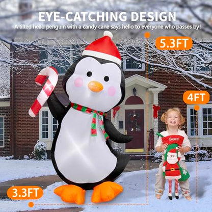 5FT Christmas Inflatables Outdoor Decorations Penguin Holding Candy Cane Blow Up Cute Christmas Decor Built-in LED Lights for Xmas Yard Outside Indoor Party Lawn Garden Porch Holiday - style: 5FT Penguin with Candy Cane