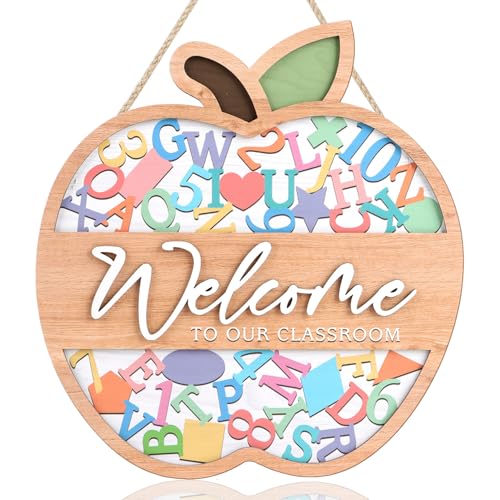 HPNIUB 3D Welcome Sign for Classroom Door Decorations, Back to School Hanging Wood Sign(10.6x11.4inch), Colorful Apple-shaped Welcome to Our Classroom Plaque for School Bulletin Board Teacher Supplies - size: 10.6"L x 10.6"W