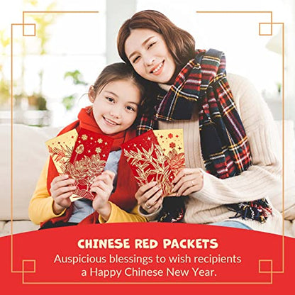 Prims & Flourish Chinese New Year Red Envelopes - 36-Count Chinese Red Packets, Hong Bao with Gold Foil Design, Gift Money Envelopes, Flowers and Bamboos - color: Water Lilies & Bamboos