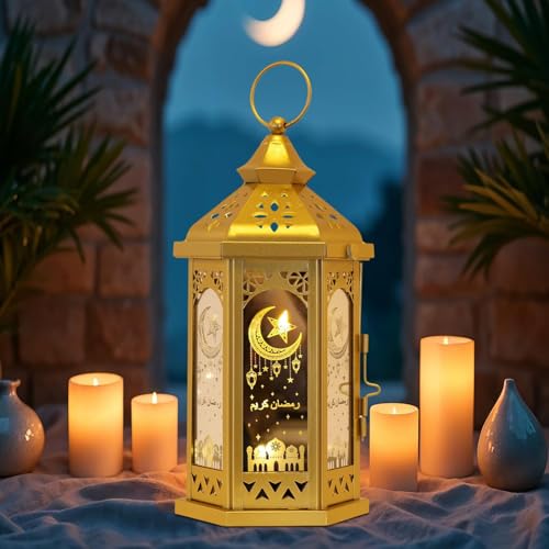Ramadan Decorations for Home, 12.8‘’H Large Hexagon Decorative Candle Lantern for Tabletop Mantel Decor, Vintage Metal Lantern Candle Holders for Indoor Outdoor Decor, EID Mubarak Gift
