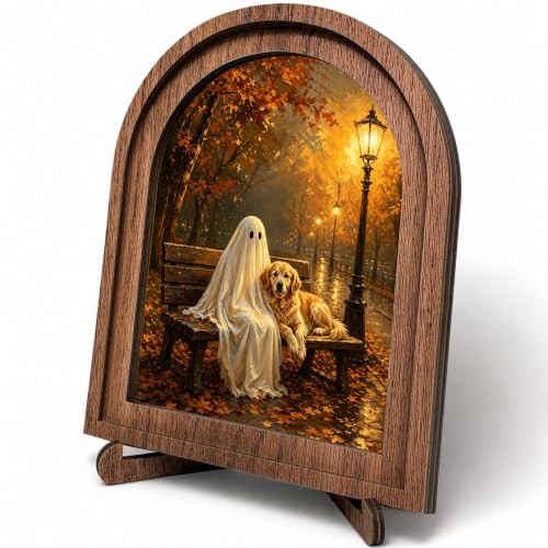 Halloween Ghost Dog Arched Table Sign, Rustic Farmhouse Decor - color: Ghost Dog Autumn Bench