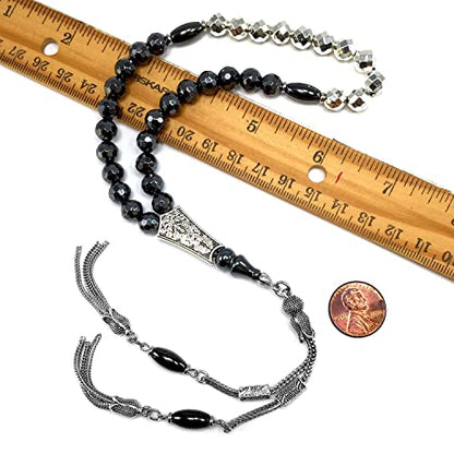 Design-Long & Stylist Tassels Collection Worry Beads-Prayer Beads-Tesbih-Tasbih-Tasbeeh-Misbaha-Subha-Sebha-Sibha-Rosary (Black and Silver Plated Hematite 8 mm 33 Beads & Bracelet) - color: -Faceted Black and Silver Plated Hematite 8 mm 33 Beads & Bracele