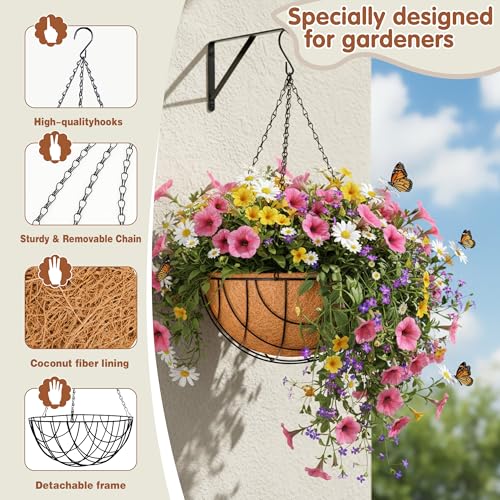 12 inch Metal Hanging Baskets for Plants Outdoor 4 Pack Round Metal Wire Hanging Basket Planter with Coco Fiber Liners Chain Round Wire Plant Holder for Garden, Patio, Deck, Outdoor(Grid) - size: 12 Inch, style: Grid
