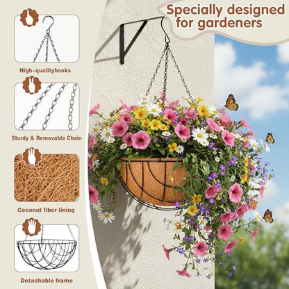 12 inch Metal Hanging Baskets for Plants Outdoor 4 Pack Round Metal Wire Hanging Basket Planter with Coco Fiber Liners Chain Round Wire Plant Holder for Garden, Patio, Deck, Outdoor(Grid) - size: 12 Inch, style: Grid