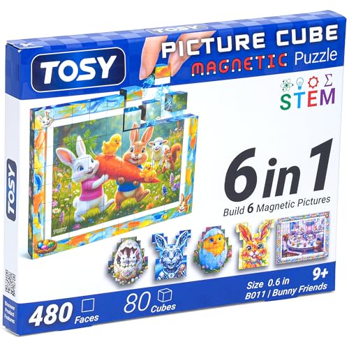 TOSY Picture Cube Bunny Friends: 6-in-1 Magnetic Picture Puzzle, 80 Blocks, 480 Puzzle Faces, 0.63 in, B011, Seamless UV Art, Display-Ready Frame, Collectible, STEM/STEAM Gift for Kids & Adults - color: Bunny Friends