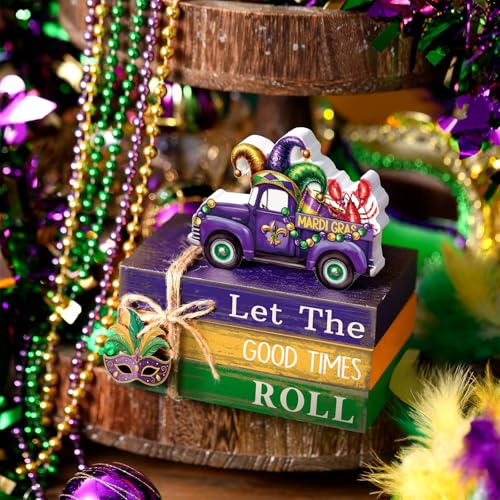 4 Pcs Mardi Gras Decorations Mardi Gras Centerpieces Truck Table Decorations Farmhouse Wooden Tabletop Blocks Sign for Party Rustic Tiered Tray Shelf Office Carnival Decor - style: Mardi Gras