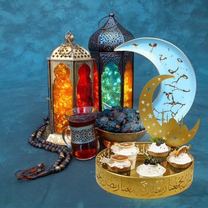 Ramadan Tray Eid Mubarak Metal Serving Tray Lunar Crescent Eid Mubarak Dishes Tray Plate Ramadan Eid Serving Tray Fruit Tray Tableware Dessert Platters Storage Container Display Holder