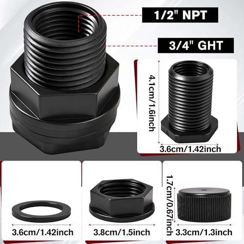 2 Packs PVC Garden Hose Bulkhead Fitting with Plug, 3/4" Male GHT, 1/2" Female NPT Double Threaded Bulkhead Water Tank Connector Drain/Flush Port Kit for Rain Barrels, Aquariums, Water Tanks
