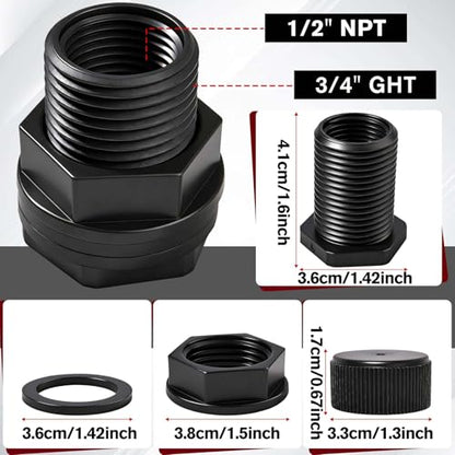2 Packs PVC Garden Hose Bulkhead Fitting with Plug, 3/4" Male GHT, 1/2" Female NPT Double Threaded Bulkhead Water Tank Connector Drain/Flush Port Kit for Rain Barrels, Aquariums, Water Tanks