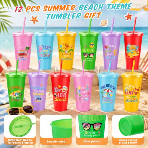 Chuangdi 12 Pcs Summer Beach Party Decoration Cups 24 oz Reusable Tumbler with Lids and Straws Plastic Drinking Cup for Beach Themed Party Favors Hawaiian Tropical Luau Pool Birthday Gifts - style: Beach Theme