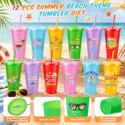 Chuangdi 12 Pcs Summer Beach Party Decoration Cups 24 oz Reusable Tumbler with Lids and Straws Plastic Drinking Cup for Beach Themed Party Favors Hawaiian Tropical Luau Pool Birthday Gifts - style: Beach Theme