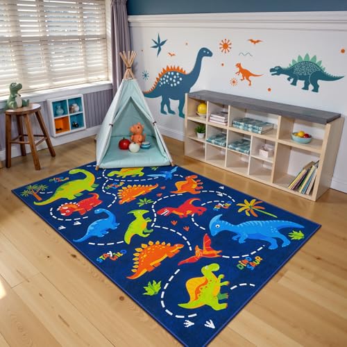 STARUIA 3x5 Washable Kids Rugs for Bedroom, Soft Blue Cartoon Dinosaur Rug Boys Room Rug, Cute Animal Patterns Kids Carpet for Kids Room Playroom - color: Blue, size: 3x5