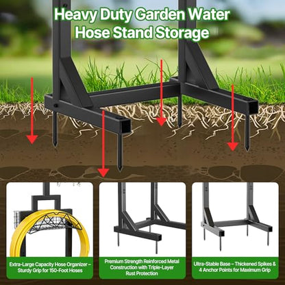 Garden Hose Holder, Water Hose Holders for Outside with Storage Basket & 2 Shepherds Hooks, Detachable Garden Hose Holder Freestanding, Heavy Duty Hose Holder Supports 150ft Hoses
