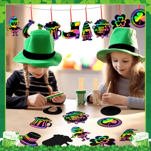 FEBSNOW 48 PCS St. Patrick’s Day Crafts for Kids, Rainbow Magic Scratch Art Shamrock Hanging Ornaments Scratch Paper Cards for St Patricks Day Party Favors Kids School Classroom DIY Crafts Decorations - style: St. Patrick’s Day