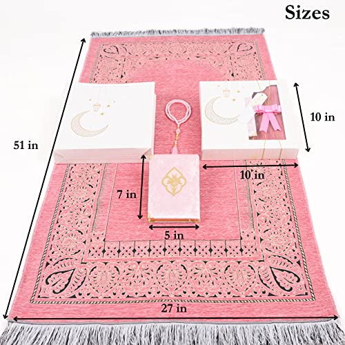 IEF Personalized Prayer Rug Quran Prayer Beads Islamic Gift Set, Ramadan Eid Wedding Birthday Mother's Day Father's Day Anniversary Day Gifts - color: Pink with Bag