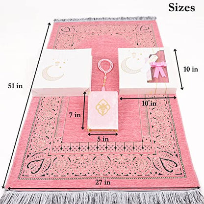 IEF Personalized Prayer Rug Quran Prayer Beads Islamic Gift Set, Ramadan Eid Wedding Birthday Mother's Day Father's Day Anniversary Day Gifts - color: Pink with Bag