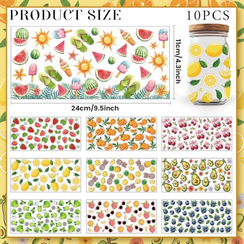 10 Sheets UV DTF Cup Wraps, 10 Styles Fruits Transfer Stickers Cartoon Skull Rub on Decals Purple Waterproof Transfer Stickers for Glass Cups Wood Crafts - style: Fruits