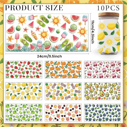 10 Sheets UV DTF Cup Wraps, 10 Styles Fruits Transfer Stickers Cartoon Skull Rub on Decals Purple Waterproof Transfer Stickers for Glass Cups Wood Crafts - style: Fruits