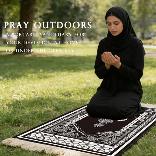 Prayer Mat Ramadan Gifts - Portable Black Prayer Rug Islamic Muslim Tasbih Beads, Praying Carpet for Islamic Man Women Eid Salah Namaz Meditation Decorations for Home