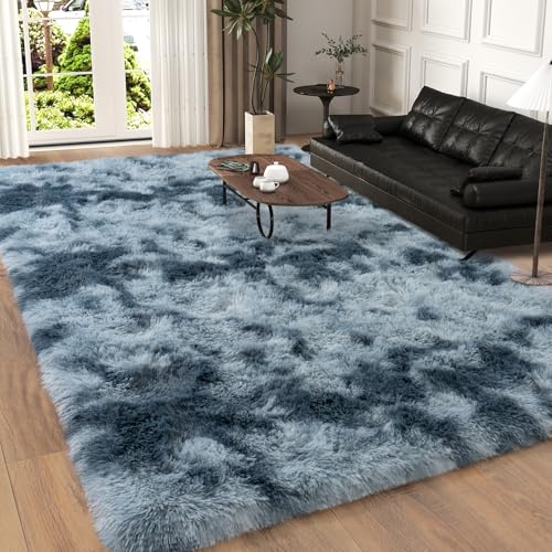 5x7 Area Rugs for Living Room, Dark Blue Tie-Dyed Plush Fluffy Carpet - color: Tie-dye Blue, size: 5' x 7' (Rectangular)