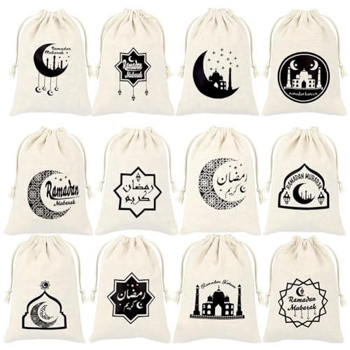 12 PCS Ramadan Drawstring Gift Bags,Eid Mubarak Goody Burlap Bag Small Drawstring Pouch Islamic Mosque Moon Star Cookie Bags Islam Eid Iftar al-Adha Favor Bag for Muslim Islam Party Decorations