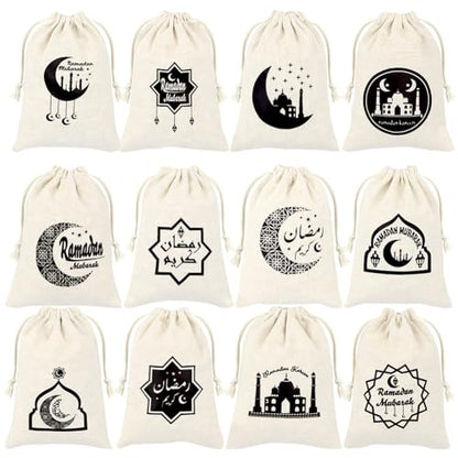 12 PCS Ramadan Drawstring Gift Bags,Eid Mubarak Goody Burlap Bag Small Drawstring Pouch Islamic Mosque Moon Star Cookie Bags Islam Eid Iftar al-Adha Favor Bag for Muslim Islam Party Decorations