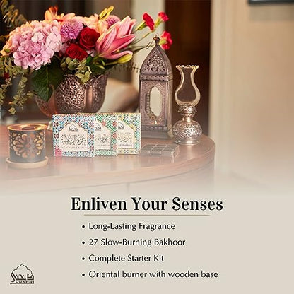 Dukhni Oud Al Teeb, Oud Al Raghbah, Oud Al Awatef Bakhoor by Dukhni - (3 Trays x 9 piece Each) & Oriental Exotic Burner